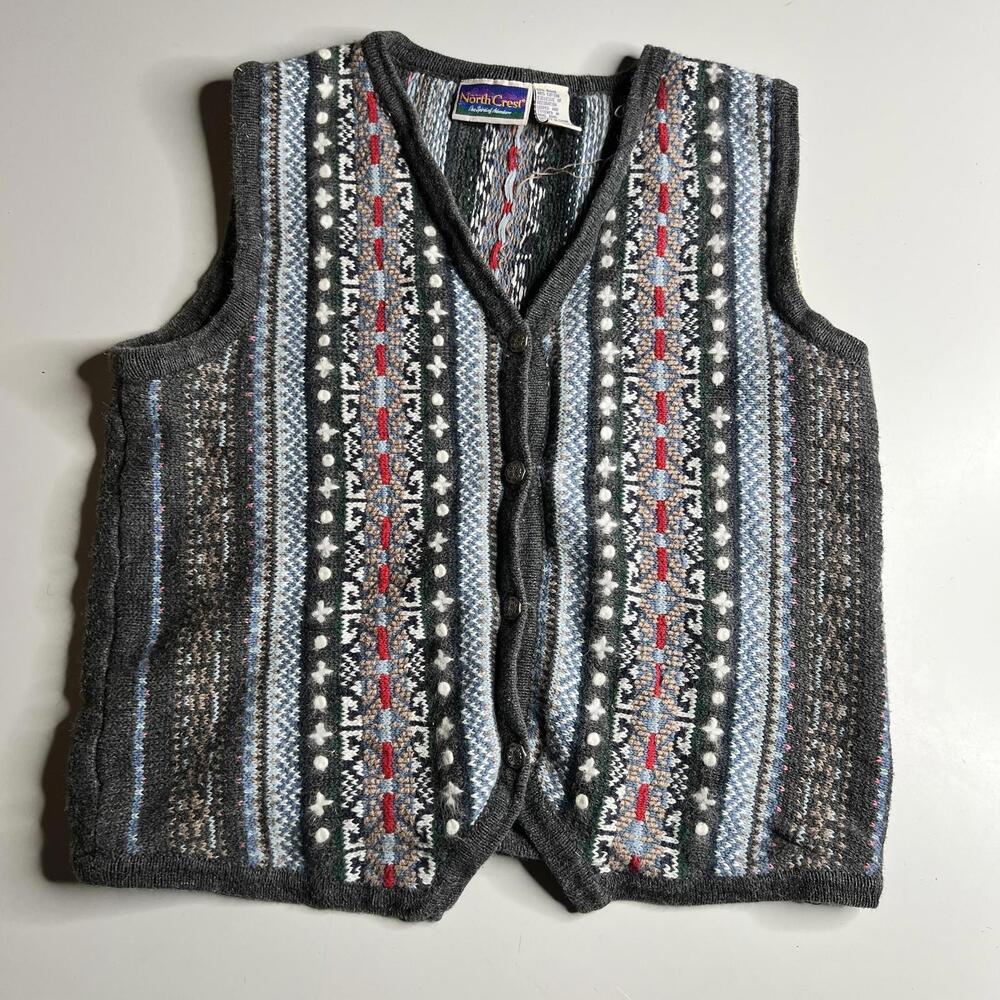 Vintage Northcrest Sweater Vest Womens 14-16 Gray‎ Fair Isle Button Front Knit